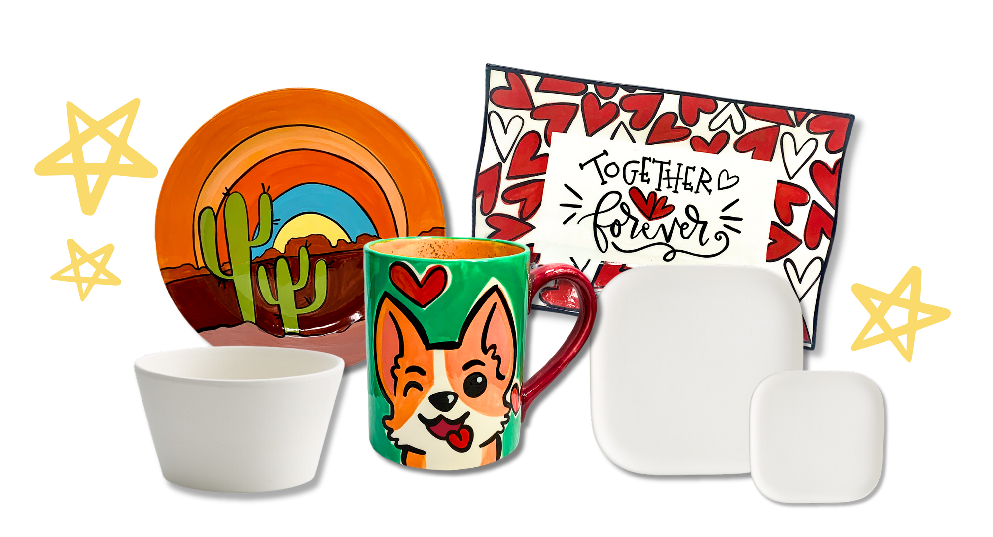 Collection of ceramic items including a mug with a dog design, a bowl, a plate with cactus and sunset, and a decorative item with 'Together Forever' text.
