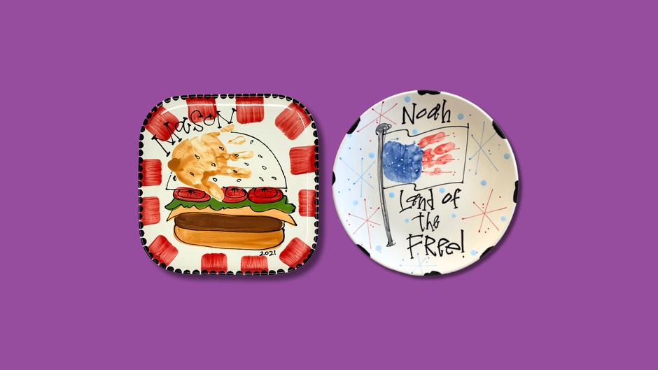 Two decorative plates on a purple background, one with a hot dog illustration and the other with text and graphics.