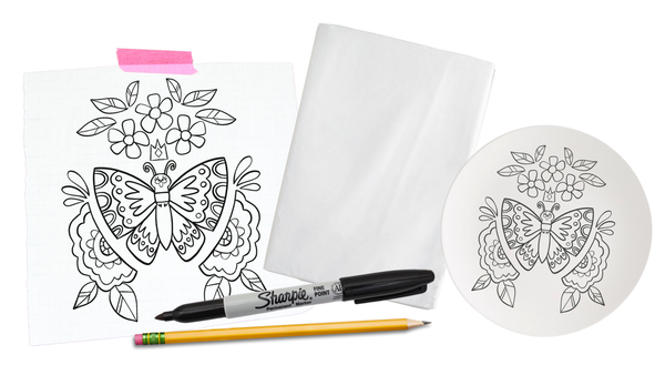Butterfly tracing sheet, marker, pencil, and round stencil with butterfly design on a white background.
